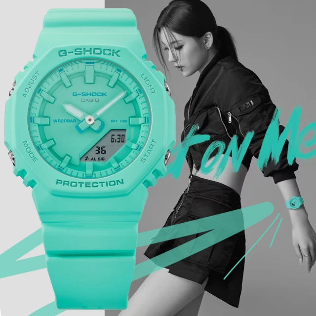 CASIO 卡西歐 G-SHOCK x ITZY 迷你版農家橡樹 纖薄八角形雙顯錶-綠松藍(GMA-P2100-2A 防水200米)