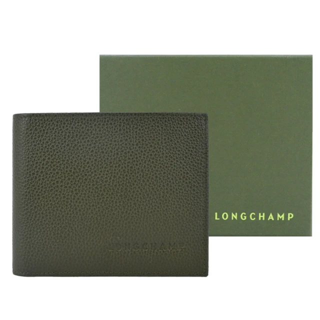 【LONGCHAMP】LE FOULONNE系列牛皮雙折短夾(卡其綠)