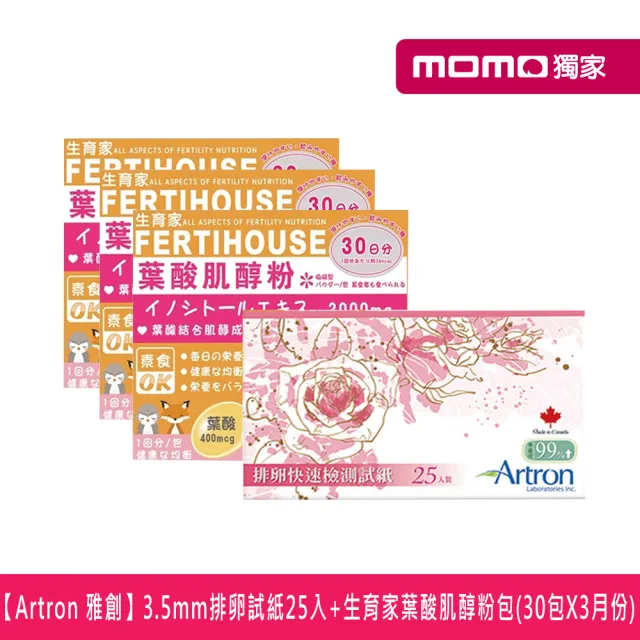 【加拿大Artron 雅創】3.5mm排卵試紙25入+生育家葉酸肌醇粉包(30包X3月份)