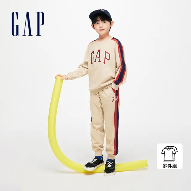 【GAP】男童裝 Logo印花圓領長袖長褲家居套裝-卡其色(890294)