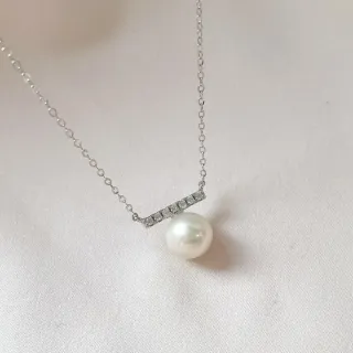 【Elegant 珍愛宣言】平衡線天然珍珠純銀鑲鑽項鍊(天然圓珍珠 S925銀鑲鋯石鎖骨項鍊 禮物)