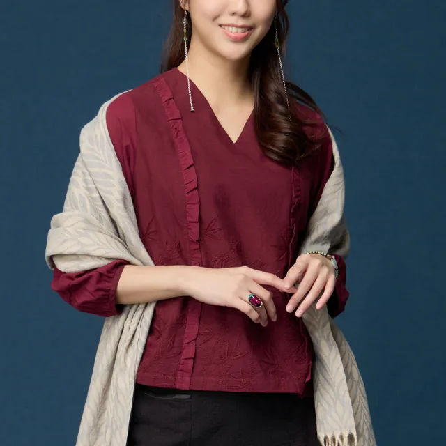 【古典美】38040刺繡蛋糕袖上衣(茶禪服/中國風/國服/漢服/手染服/棉麻/亞麻/天然纖維)