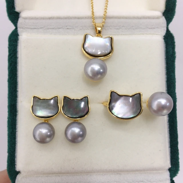 赫本珠寶 氣質貓臉蛋珍珠優雅套組(珍珠戒指、耳環、項鏈)