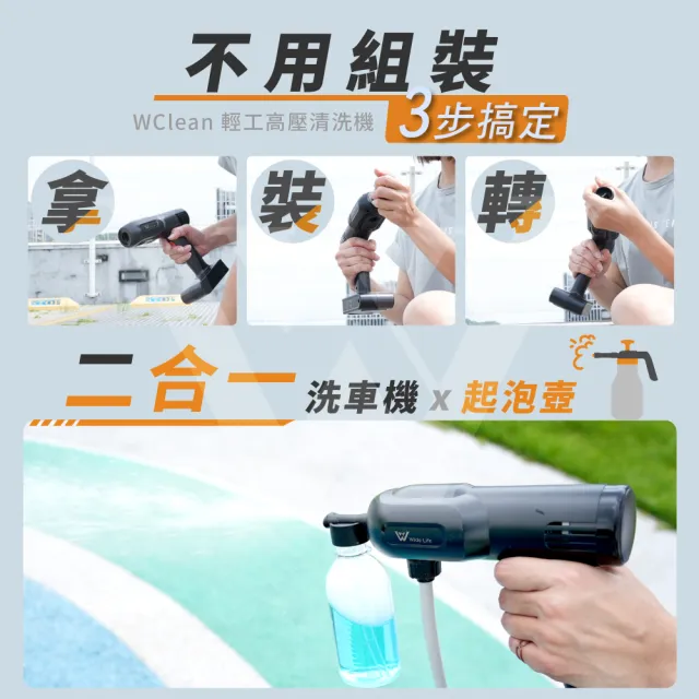 【Widelife 廣字號】WCLEAN輕工高壓清洗機(洗車界革新 業界最小 3步組裝的強力清洗機 唯一在台保固檢修)