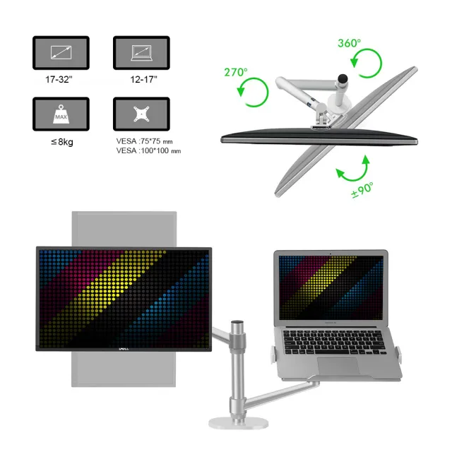 【Ermutek】升級版鋁合金電腦螢幕支架+筆電支架二合一桌上型支架工作站(黑色/夾鎖桌兩用固定)