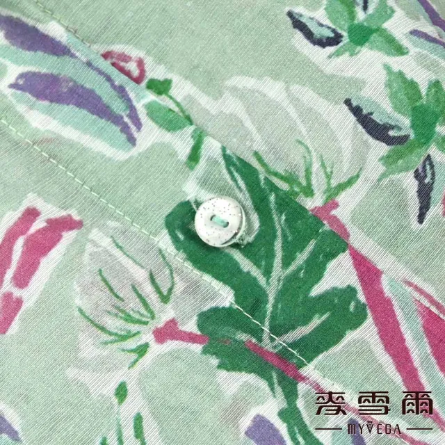 【MYVEGA 麥雪爾】亞麻棉水彩花卉排釦七分袖上衣-綠(2024春夏新品)