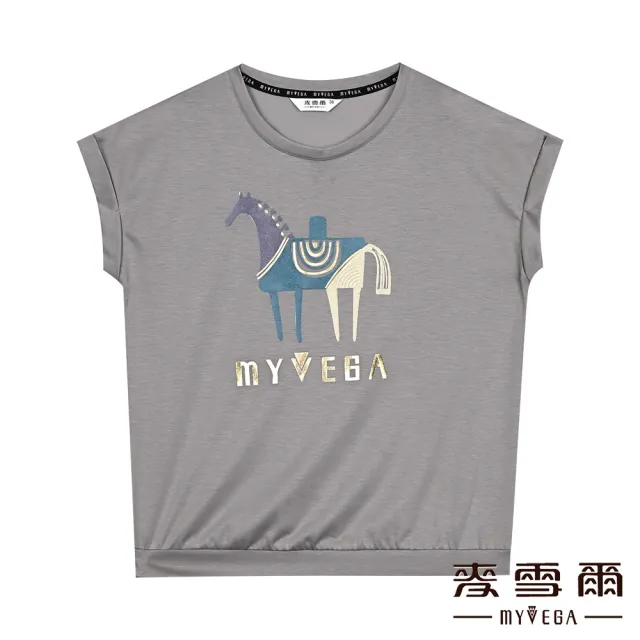 【MYVEGA 麥雪爾】天絲棉落肩造型馬印花logo上衣-灰(2024春夏新品)