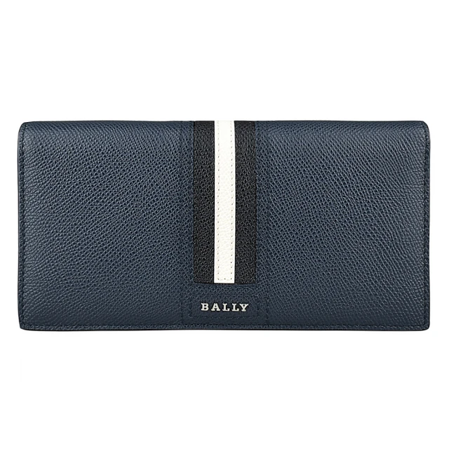 BALLY BALLY TALIRO銀字LOGO條紋設計防刮牛皮10卡對折長夾(藍x黑白條紋)