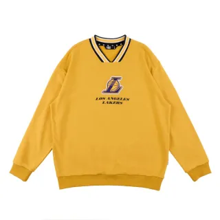 【NBA】NBA 美式V領 落肩 隊徽 長袖上衣 湖人隊 男女 黃色(3355100562)