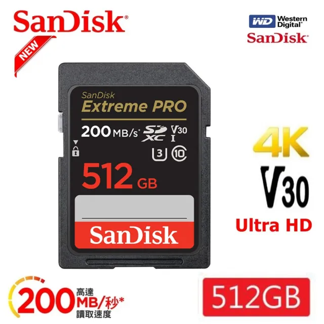 【SanDisk 晟碟】[全新版 再升級] 512GB Extreme PRO SDXC V30  記憶卡 200MB/s(專業攝影 原廠永久保固)