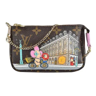 【Louis Vuitton 路易威登】LV M81760限量款經典LOGO吉祥物帆布拉鍊鏈袋手提肩背包(咖啡x巴黎凡登廣場)