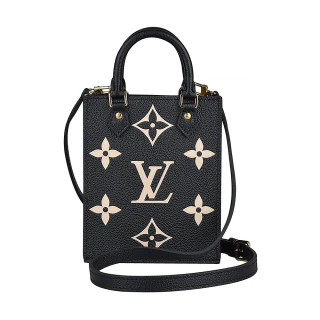 【Louis Vuitton 路易威登】LV M81416 PETIT SAC PLAT經典LOGO Monogram Empreinte牛皮斜背包(迷你/黑x米)