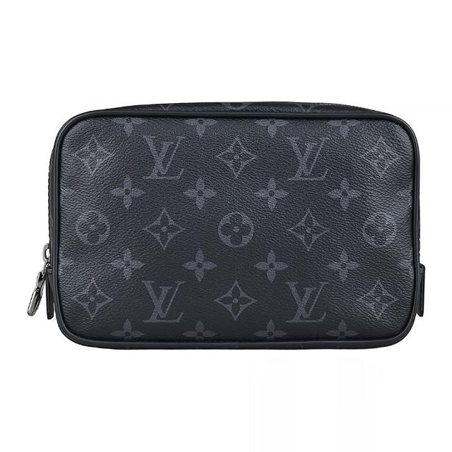 LV LOUIS VUITTON路易威登 M43384 灰字 LOGO Monogram Eclipse 帆布拉鍊化妝包