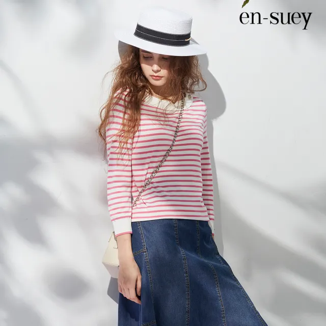 【en-suey 銀穗】釦子裝飾船型領條紋線衫-女