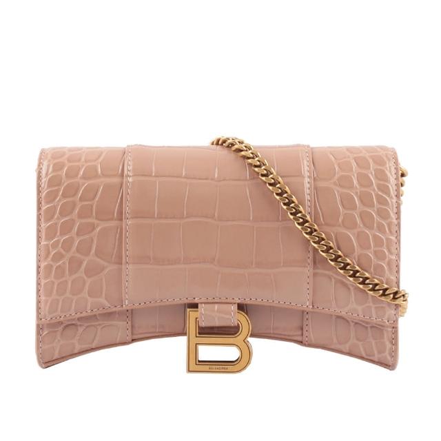 【Balenciaga 巴黎世家】Hourglass 牛皮壓鱷魚紋皮夾式鏈包WOC(裸粉色)