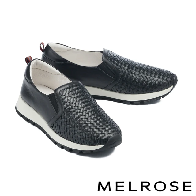 MELROSEMELROSE 美樂斯 日常百搭編織造型全真皮厚底休閒鞋(黑)