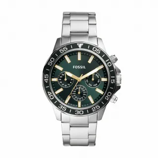 【FOSSIL 官方旗艦館】Bannon 三眼計時潛水造型指針手錶 銀色不鏽鋼鍊帶 45MM BQ2492
