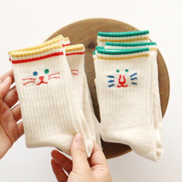 【韓國 KOKACHARM】彩色線條貓咪表情兒童大童短襪2雙組(TM2401-035)