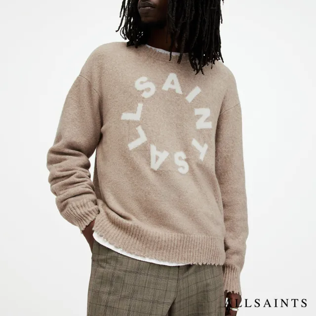 【ALLSAINTS】TIAGO 寬鬆仿舊羊毛LOGO不收邊針織上衣-淺棕色 MK011KA(舒適版型)