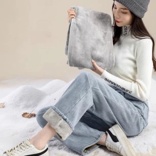 【D.studio】韓版內刷毛顯瘦高腰牛仔寬褲(牛仔褲褲子長褲女裝高腰褲拖地褲直筒褲黑褲發熱褲 保暖褲 P97)