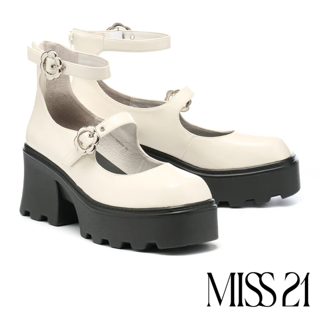 MISS 21MISS 21 敏感小花踝帶瑪莉珍大方頭高跟厚底鞋(米白)