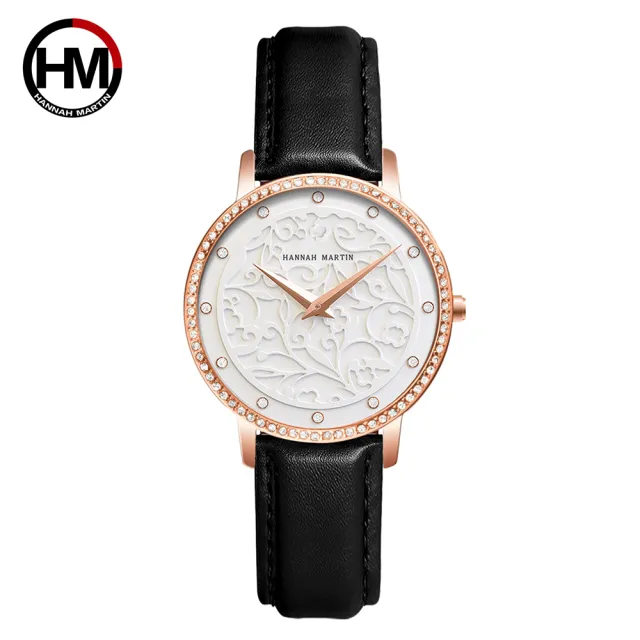 【HANNAH MARTIN】英倫簡約鑲鑽浮雕錶面皮帶腕錶(HM-1073)