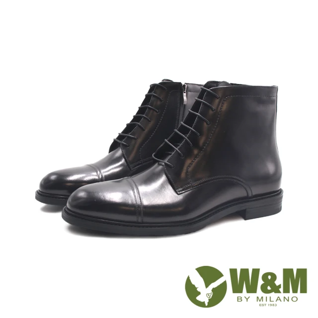 【W&M】男 質感真皮雙線拉鏈中筒靴 男鞋(油亮黑)