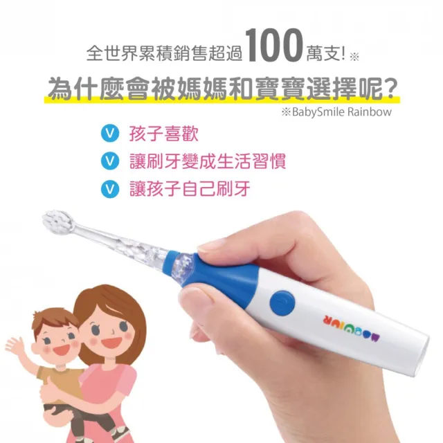 【日本BabySmile】充電款S-205炫彩音樂兒童電動牙刷 藍色+牙刷頭替換組2只/盒 x2(活動組合優惠賣場)