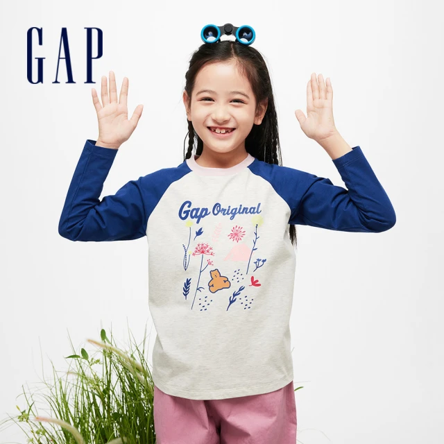 GAP 女童裝 Logo小熊印花圓領長袖T恤-藍白撞色(89