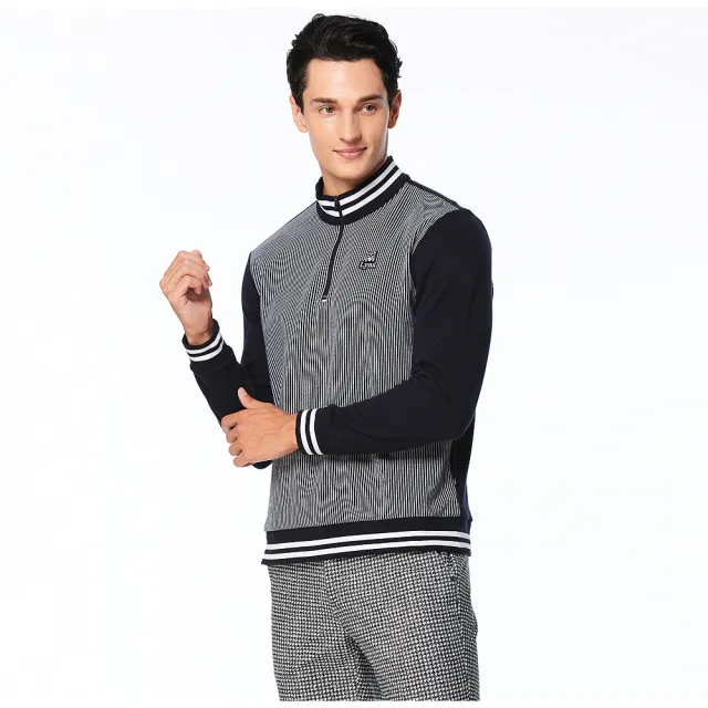 【Lynx Golf】男款保暖舒適混紡經典緹花條紋設計羅紋配條造型長袖立領POLO衫(三色)