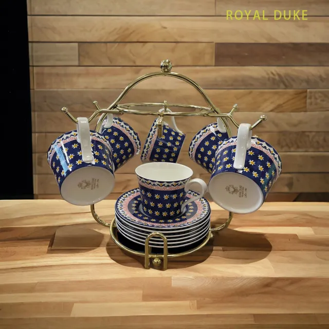 【Royal Duke】骨瓷咖啡杯碟12件禮盒組附杯架220ML(多款花色可選)