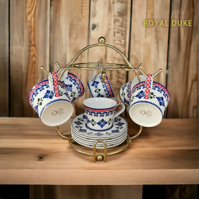【Royal Duke】骨瓷咖啡杯碟12件禮盒組附杯架220ML(多款花色可選)