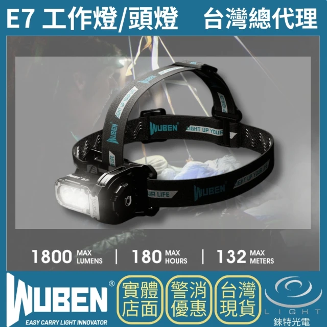 WUBEN 錸特光電 E7套組 1800流明 132米(輕便小巧工作燈 泛光 可當頭燈 尾部磁吸)