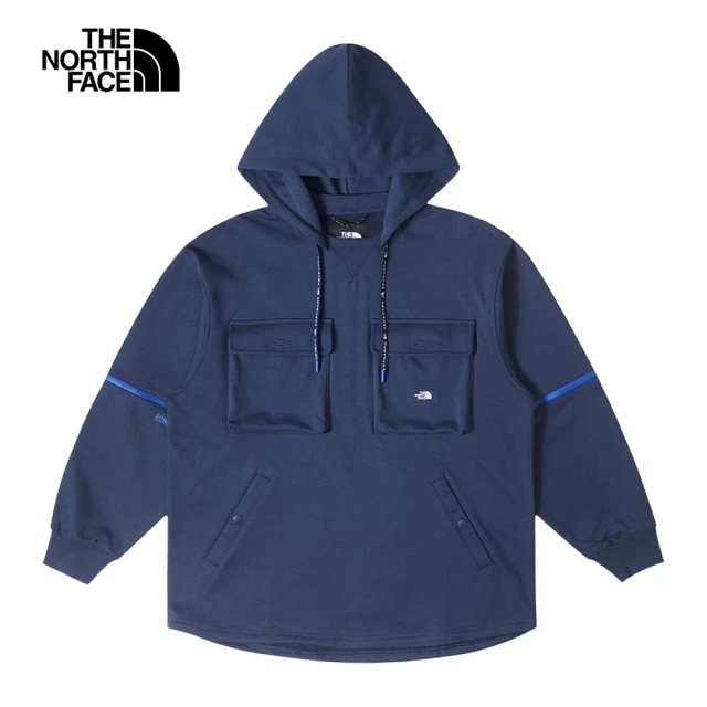 【The North Face】北面UE男款藍色純棉可拆式衣袖長袖帽T｜884T8K2