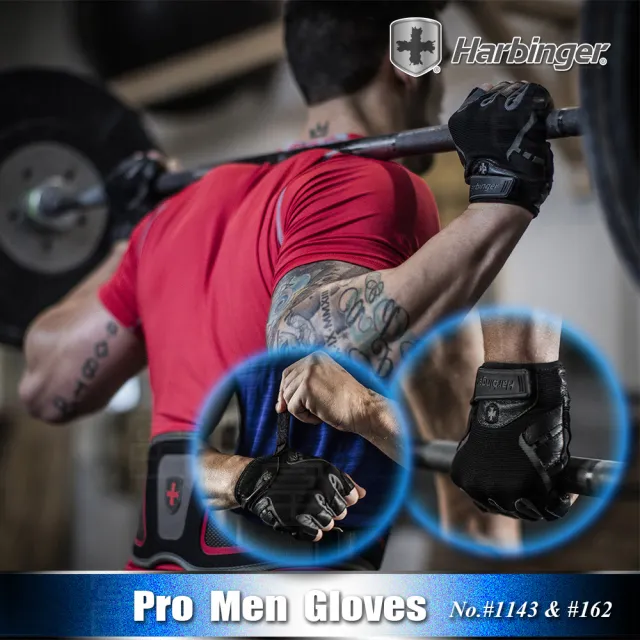 【HARBINGER】重訓健身用專業手套 #162 男款 黑藍色(PRO MEN GLOVES)