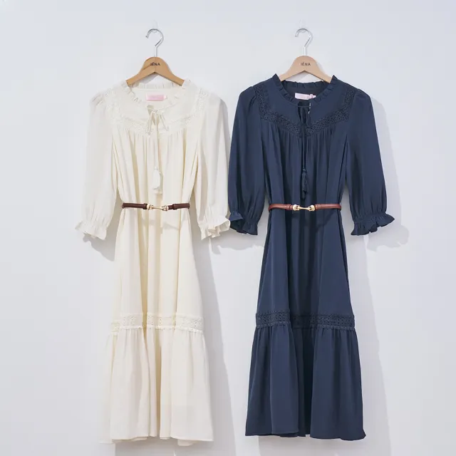 【IENA】浪漫透膚洋裝-附腰帶(#4274001 連身洋裝 藍色/米白色)