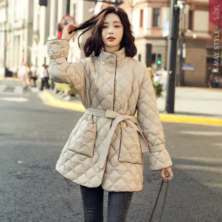 【艾美時尚】現貨 中大尺碼女裝 外套 韓系菱格紋立領保暖鋪棉外套。S-2XL(2色)