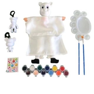 【A-ONE 匯旺】小豬 DIY彩繪可愛布袋戲偶組含2彩繪流體熊12色顏料2水彩筆調色盤水鑽兒童人偶童玩具手偶