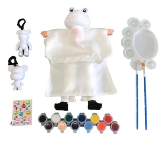 【A-ONE 匯旺】青蛙 DIY彩繪可愛布袋戲偶組含2彩繪流體熊12色顏料2水彩筆調色盤水鑽卡通人偶童玩具手偶