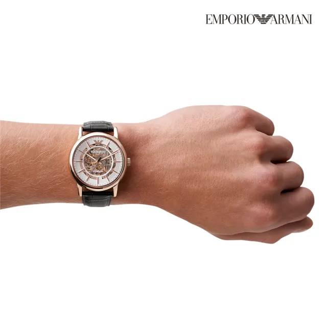 【EMPORIO ARMANI 官方直營】Luigi 質感鏤空機械錶 黑色真皮錶帶 手錶 43MM AR60007(雙11)