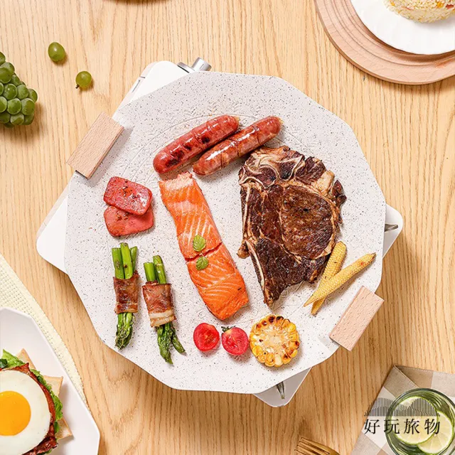 【好玩旅物】35cm_ 六角形麥飯石不沾鍋露營烤盤(附收納袋｜瓦斯電磁爐通用 無煙煎炒燒烤肉)