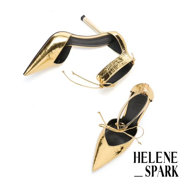 【HELENE_SPARK】摩登系縷馬甲踝帶全真皮美型尖頭高跟鞋(金)