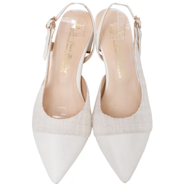 【Ann’S】寬腳版友善-小香風柔軟毛呢 性感拉帶低跟尖頭鞋4cm(白)