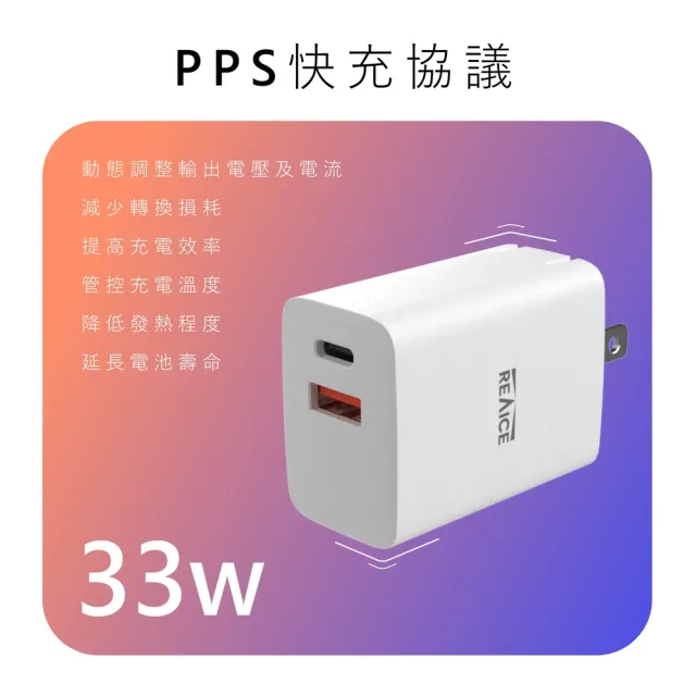 【REAICE】PD33W TYPE-C*1/USB*1 雙孔快速充電頭(蘋果/安卓/Type-C兼容)