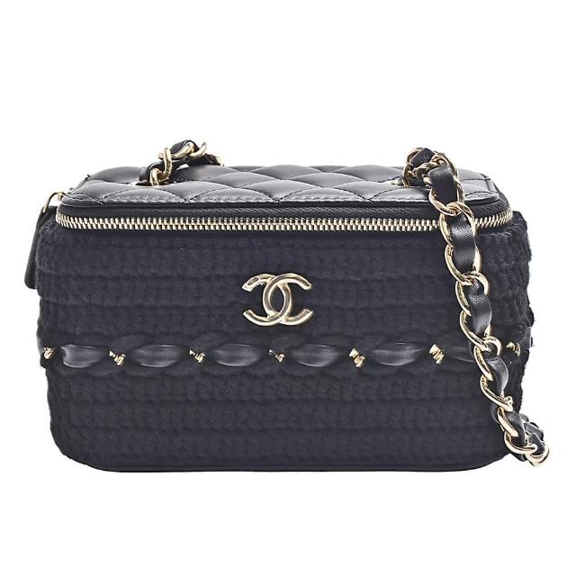 【CHANEL 香奈兒】經典雙C LOGO小羊皮編織毛線拉鍊斜背化妝包(黑色AP2471L-BLK-GP)