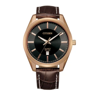 【CITIZEN 星辰】WANgT BI1033-04E 日本機芯 金框黑面 皮革腕錶 42mm(極簡紳士時尚)