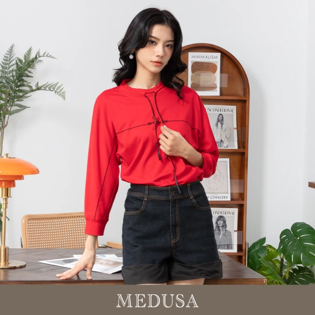 MEDUSA 曼度莎 現貨-抽繩小立領 紅黑長袖T恤（M-XL）｜女上衣 休閒上衣 冬新品(205-23401)