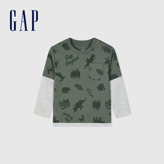 GAPGAP 男幼童裝 Logo印花圓領長袖T恤-軍綠色(890266)