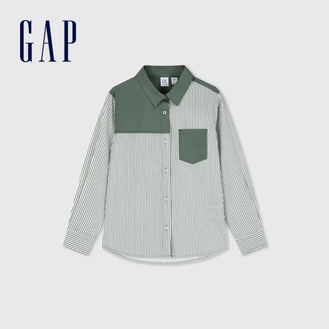 GAP 男童裝 Logo純棉翻領長袖襯衫-綠色條紋(890214)