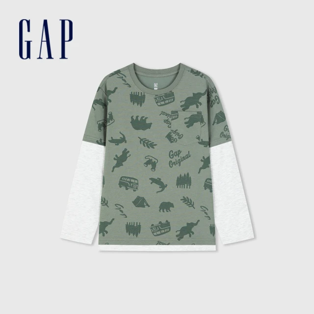 GAPGAP 男童裝 Logo印花圓領長袖T恤-豆沙綠(890220)